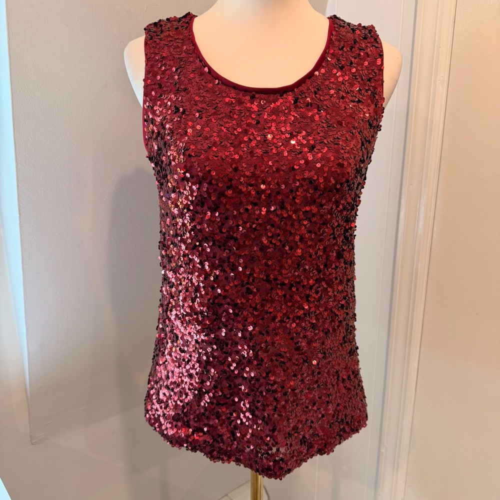 Antthony Red Sequin Tank Top Sleeveless Blouse Holiday Party Sparkle | XS